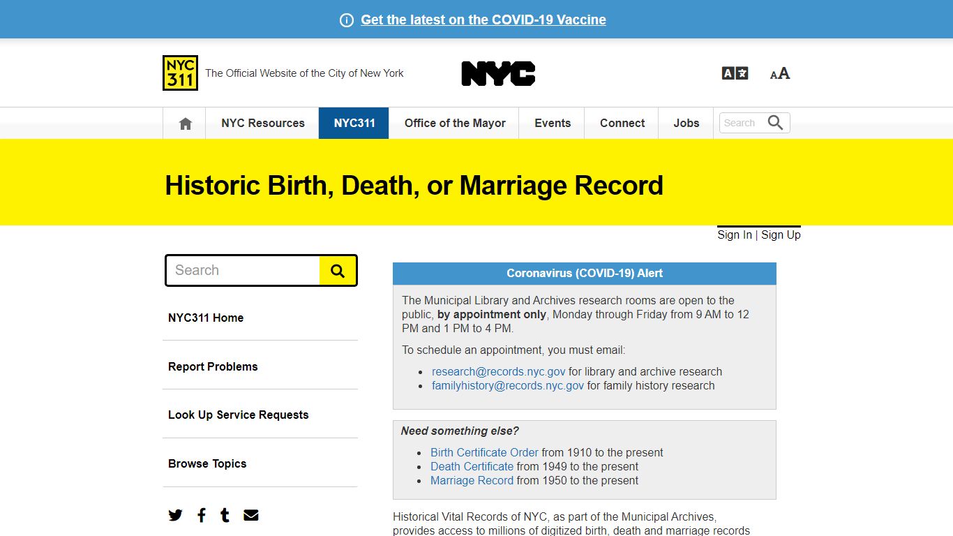 Historic Birth, Death, or Marriage Record · NYC311 - New York City